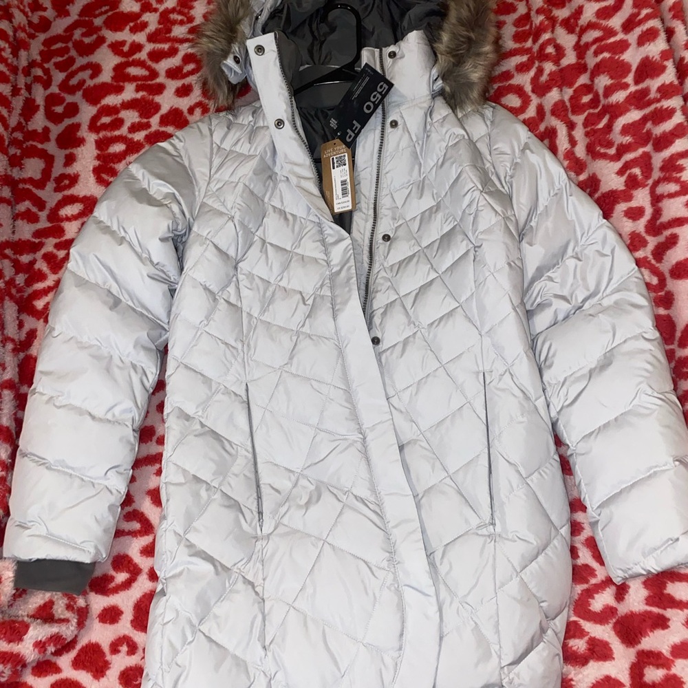 Gray Quilted Puffer Coat with Fur Trim